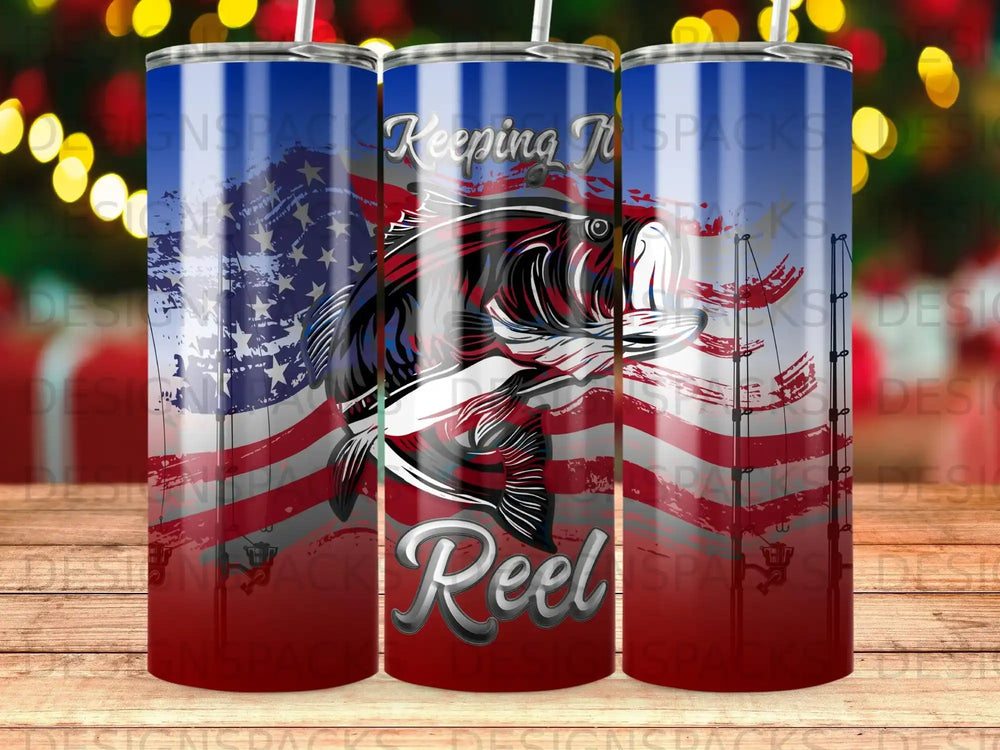Bass fish and American flag design on a tumbler with "Keeping it Reel" text.