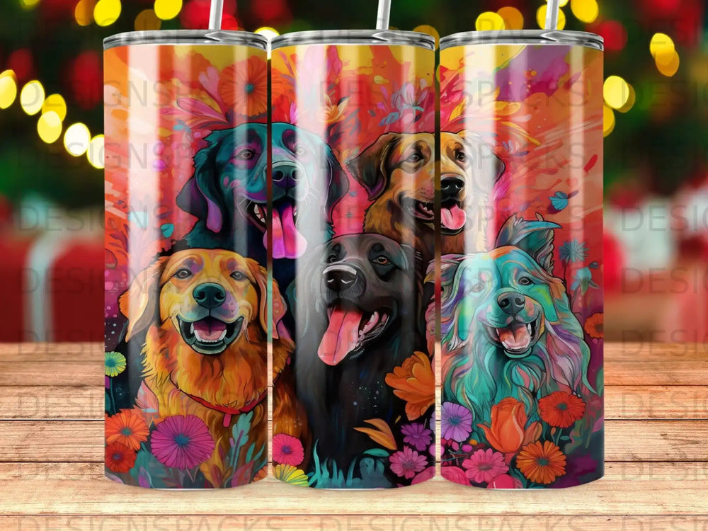 Colorful watercolor dogs with flowers on a tumbler.
