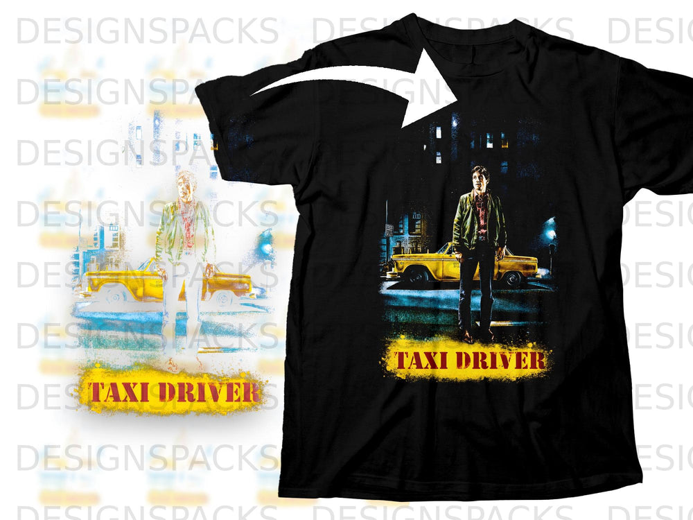 Taxi Driver movie poster graphic on black t-shirt with yellow taxi and man.