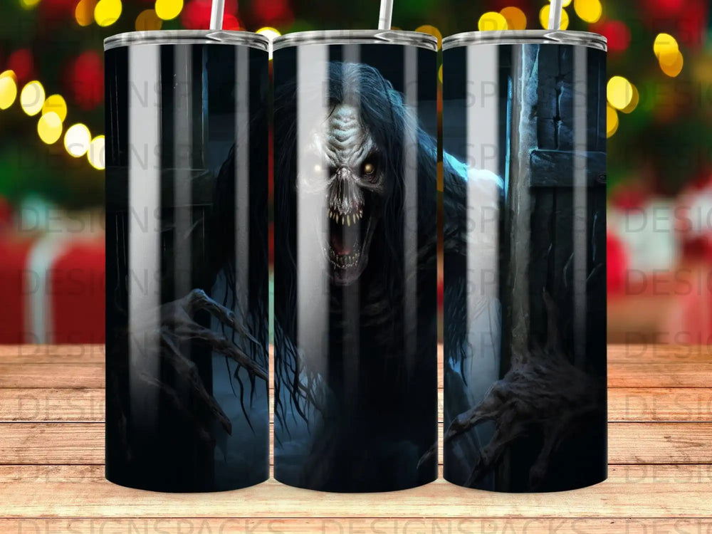 Scary monster with glowing eyes and sharp claws on a tumbler.