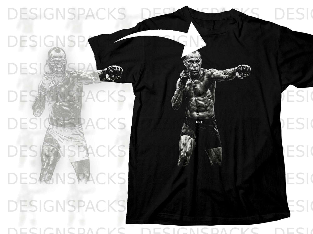 Black t-shirt with a black and white graphic of an MMA fighter.
