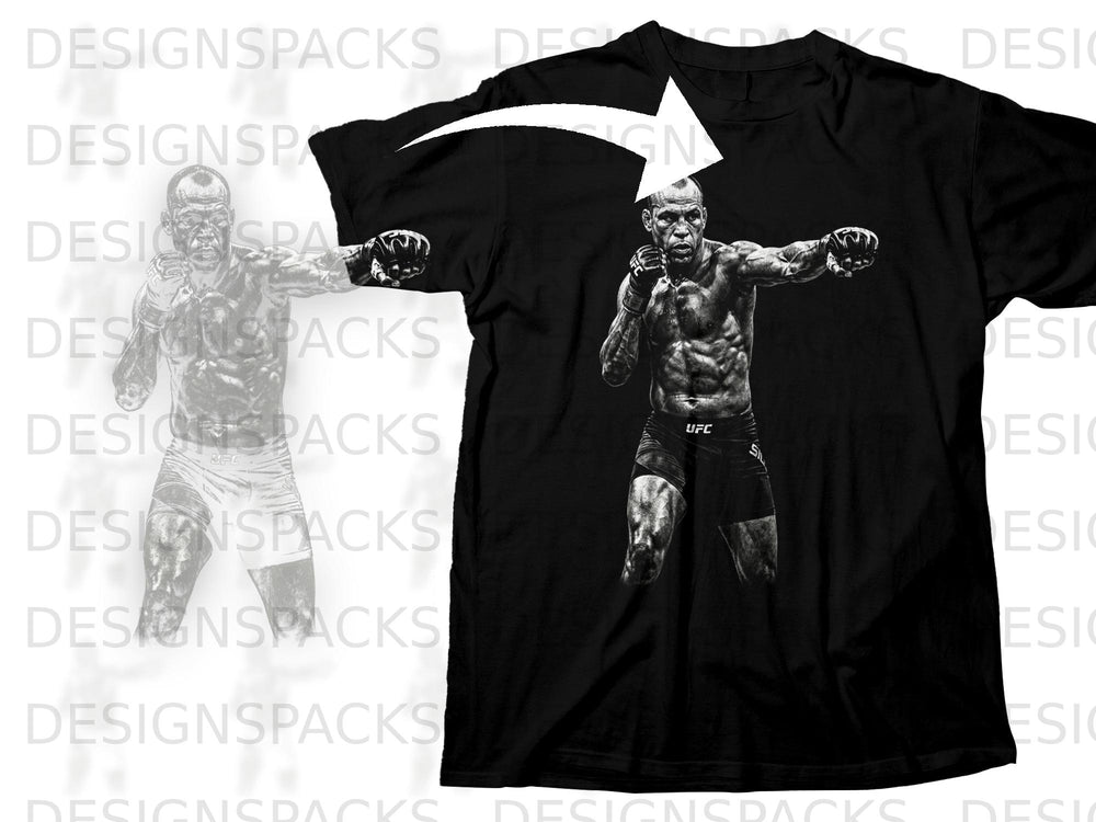 Black t-shirt with a black and white graphic of an MMA fighter.