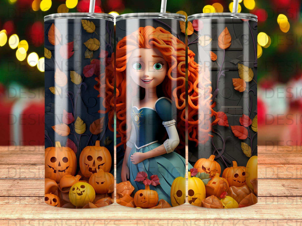 Merida from Brave surrounded by pumpkins and autumn leaves on a tumbler.