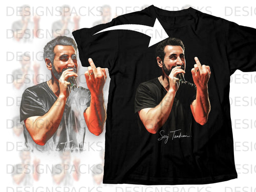 Black t-shirt featuring Serj Tankian artwork and signature with white arrow detail.