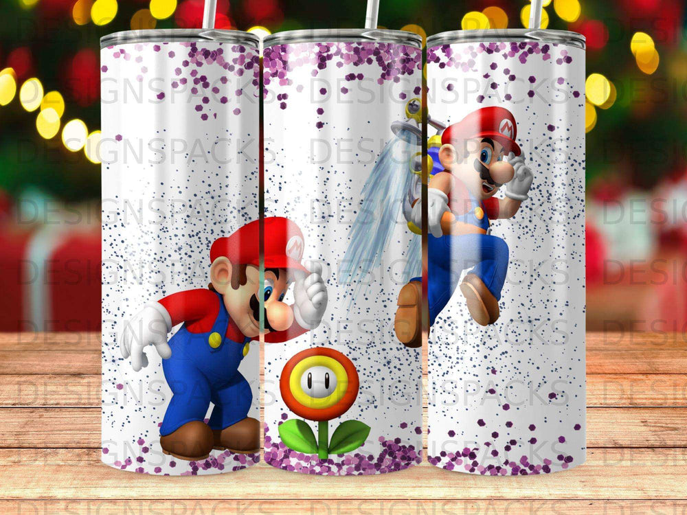 Mario characters and a flower character on a sparkly background.