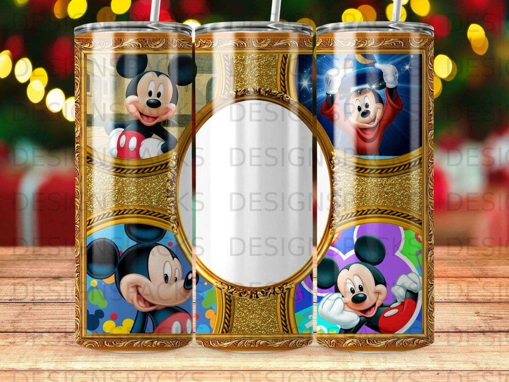 Mickey Mouse collage on a tumbler with gold ornate frames.