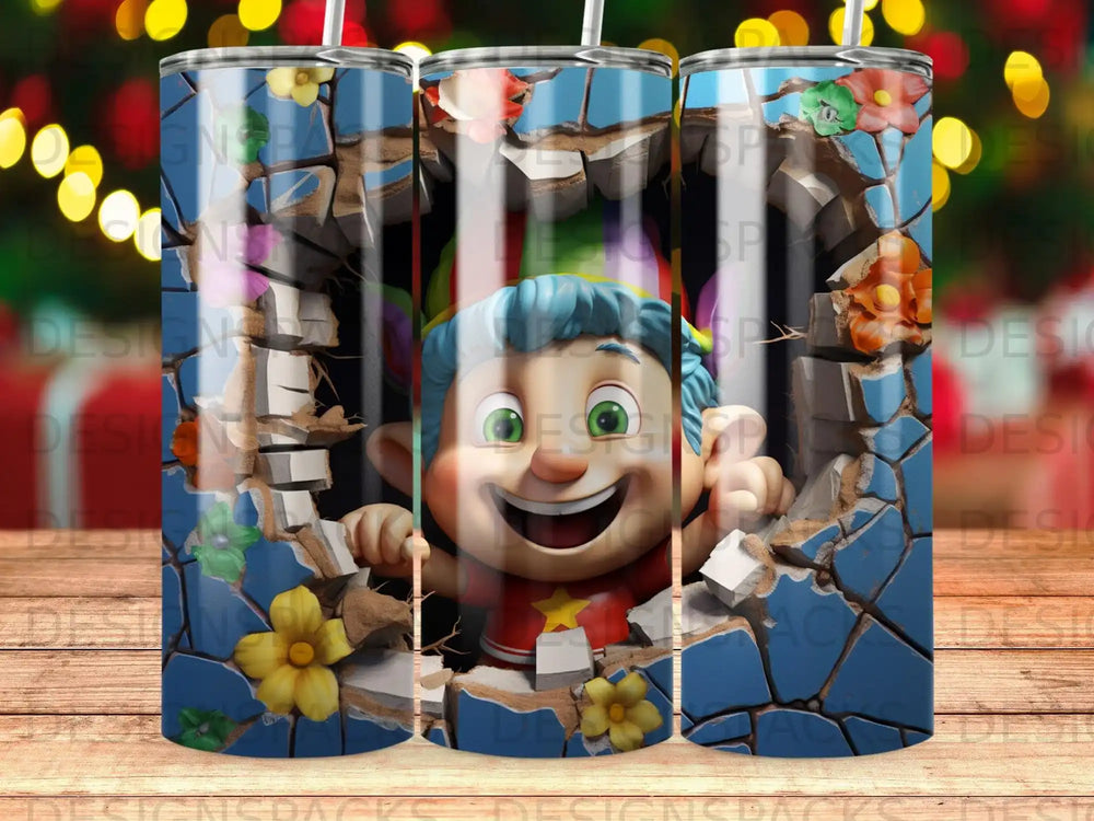 Cartoon character breaking through cracked wall with flowers.