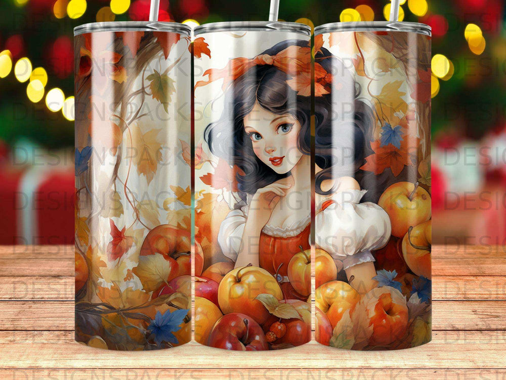 Autumn-themed tumbler featuring a whimsical girl among apples and leaves.