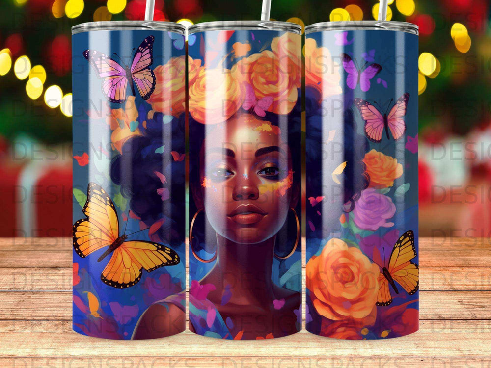 Woman with colorful flowers and butterflies, three tumblers.