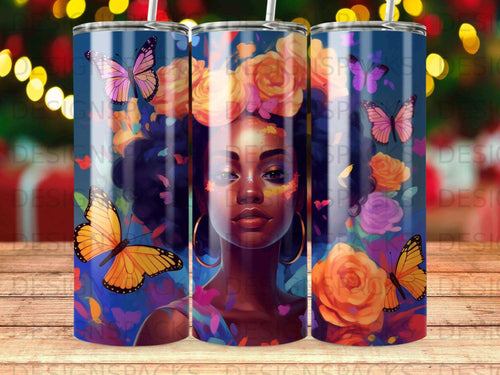 Woman with colorful flowers and butterflies, three tumblers.