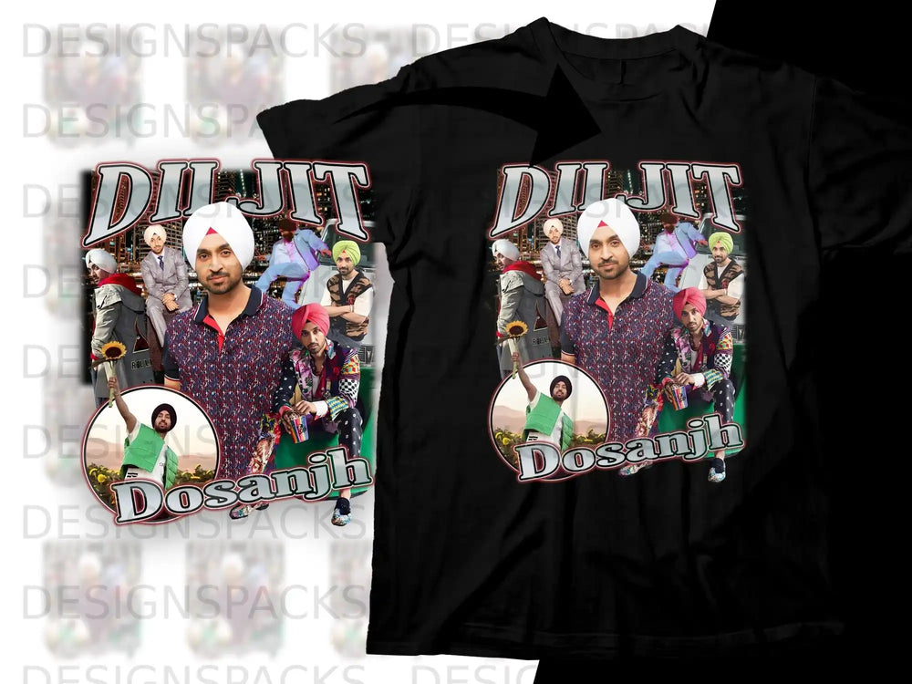 Black t-shirt with Diljit Dosanjh graphic featuring a man in a turban.
