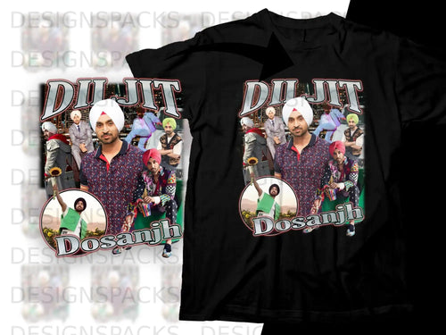 Black t-shirt with Diljit Dosanjh graphic featuring a man in a turban.
