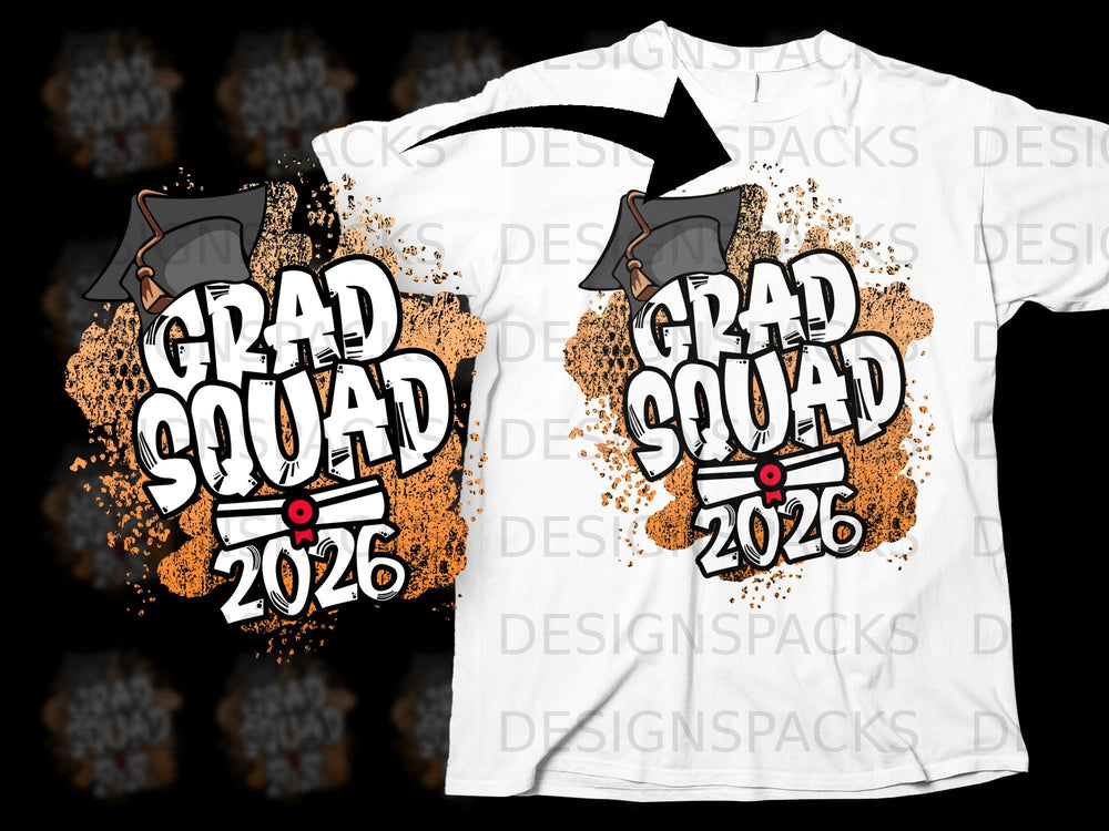 Grad Squad 2026 graphic with graduation cap and diploma on a t-shirt.