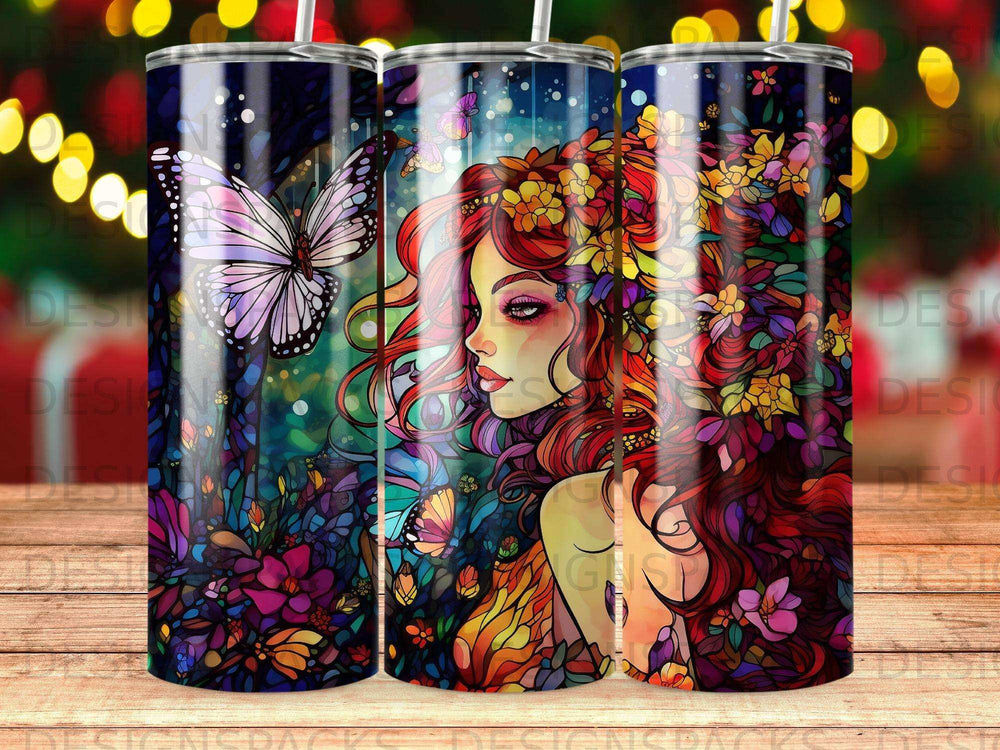 Fantasy woman with flowing floral hair and butterflies.