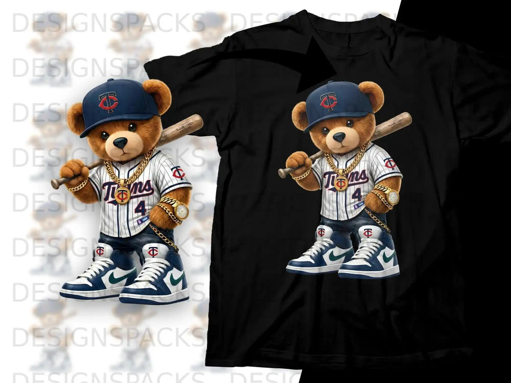 Bear in baseball uniform with "Twins 4" on jersey, holding bat.