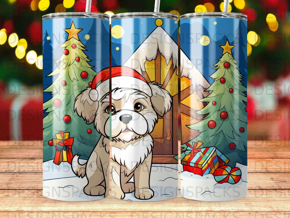Christmas puppy wearing a Santa hat sits in snow with presents and decorated trees.