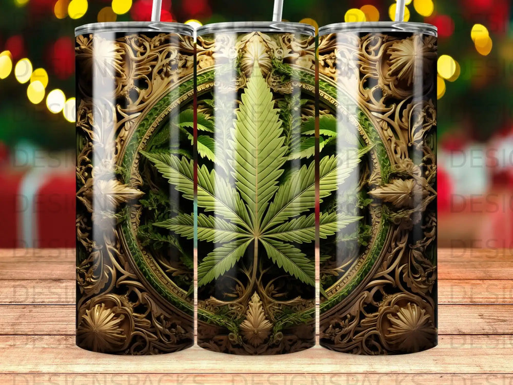 Cannabis leaf emblem on ornate gold and green circular frame.