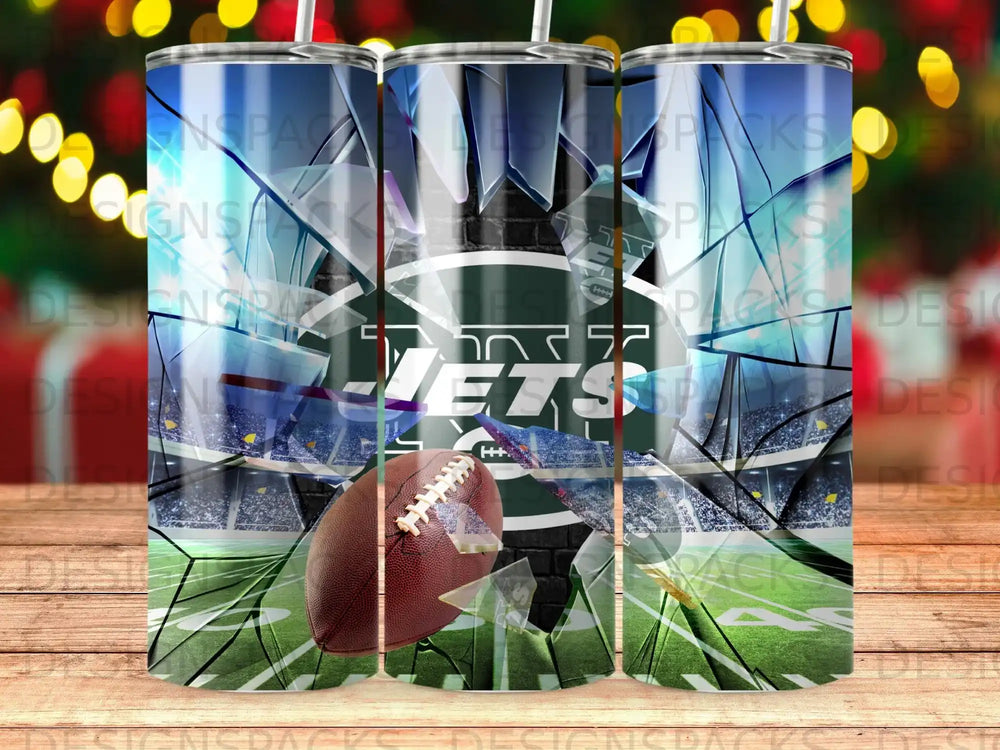 New York Jets football and stadium design on a tumbler.