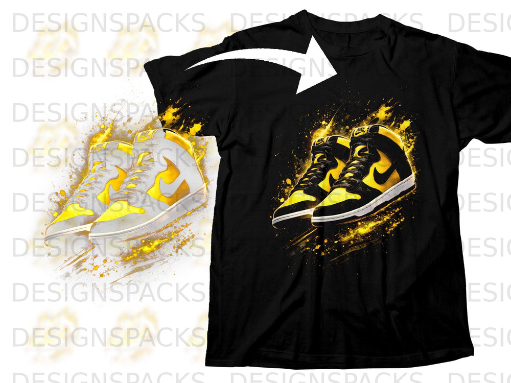 Black t-shirt featuring a graphic of yellow and black high-top sneakers with yellow paint splatters.