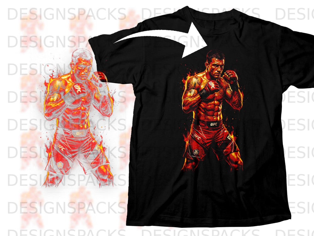 Black t-shirt with fiery UFC fighter graphic.