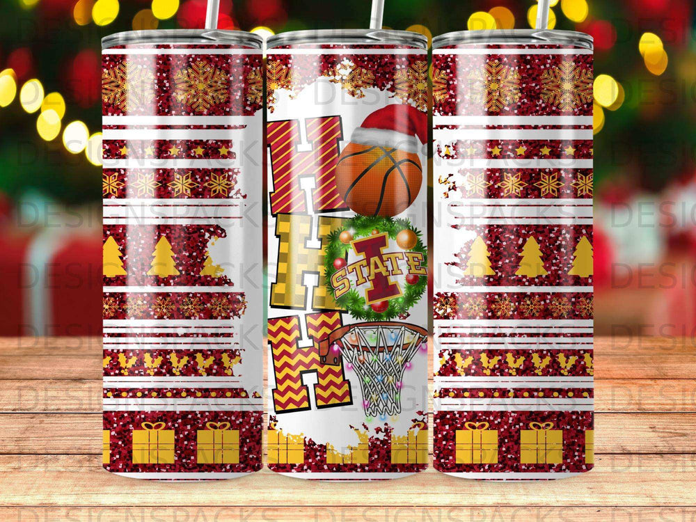 Christmas-themed tumbler with basketball and "Iowa State" text.