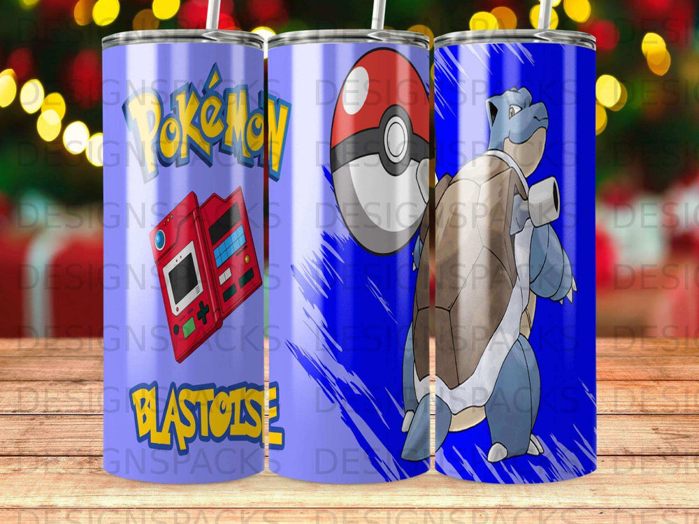 Pokémon Blastoise tumbler with Poké Ball and red device.