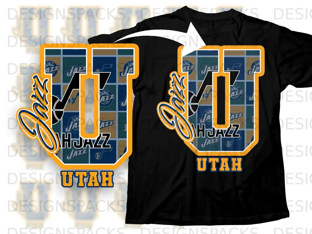 Utah Jazz U Logo Design Black Short Sleeve T-Shirt