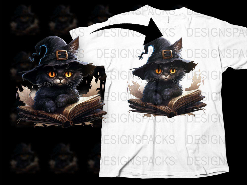 Witch Cat T-Shirt, Magical Black Cat with Hat, Halloween Graphic Tee, Unisex Adult Clothing
