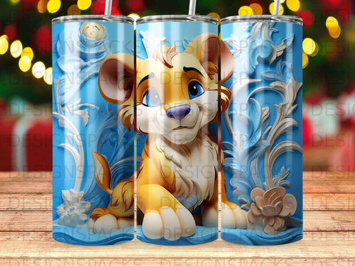 Cartoon lion cub with floral accents on a blue background.