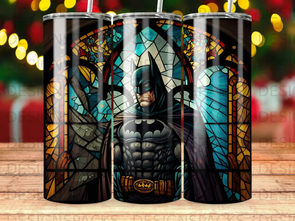 Batman in a stained glass window, centered.