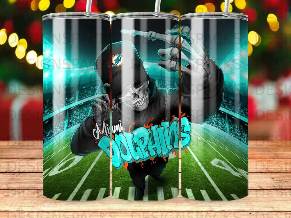Miami Dolphins skeleton mascot on football field with stadium lights.