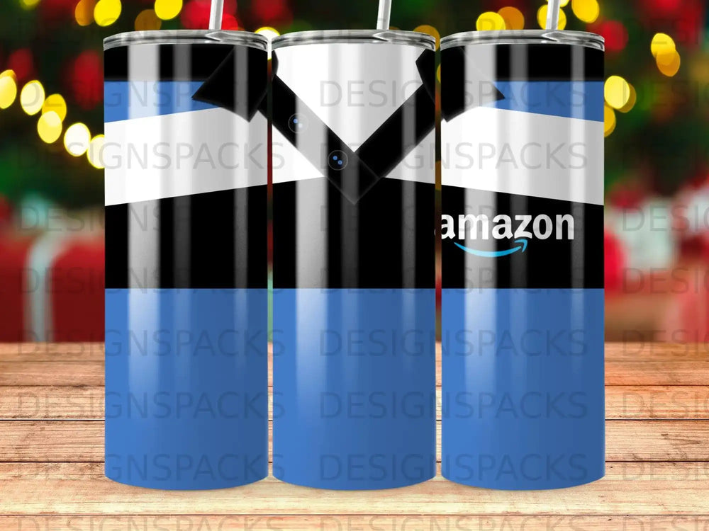 Tumbler with Amazon logo and blue and black stripes.