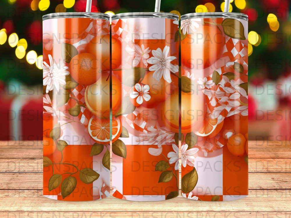 Orange slices and white flowers on a checkered orange background.