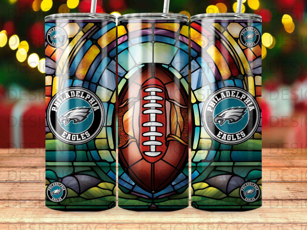 Philadelphia Eagles logo on football surrounded by stained glass.
