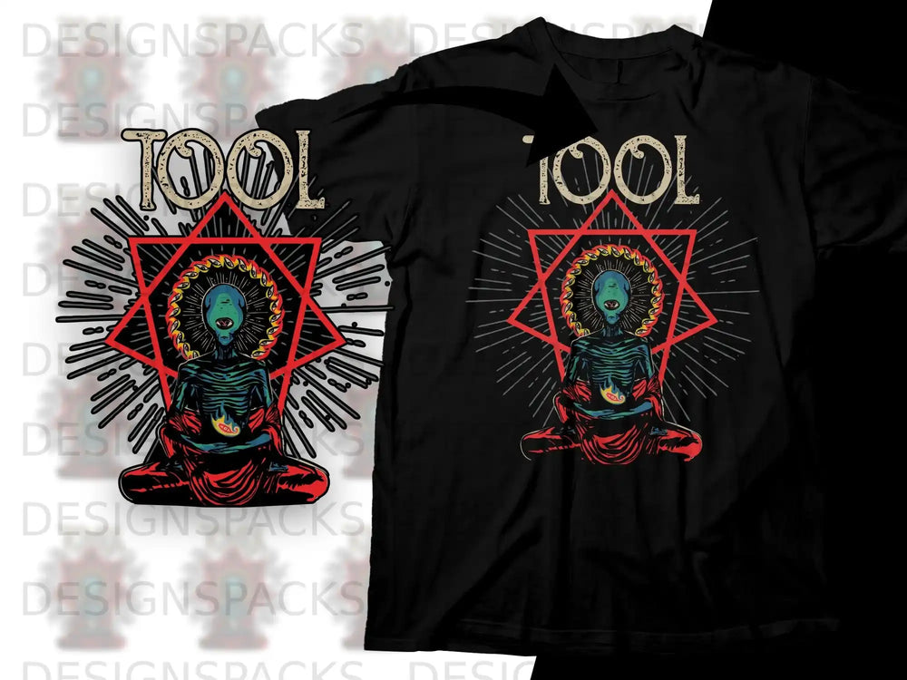 Tool band logo with skeleton figure, red starburst, and radiating lines.