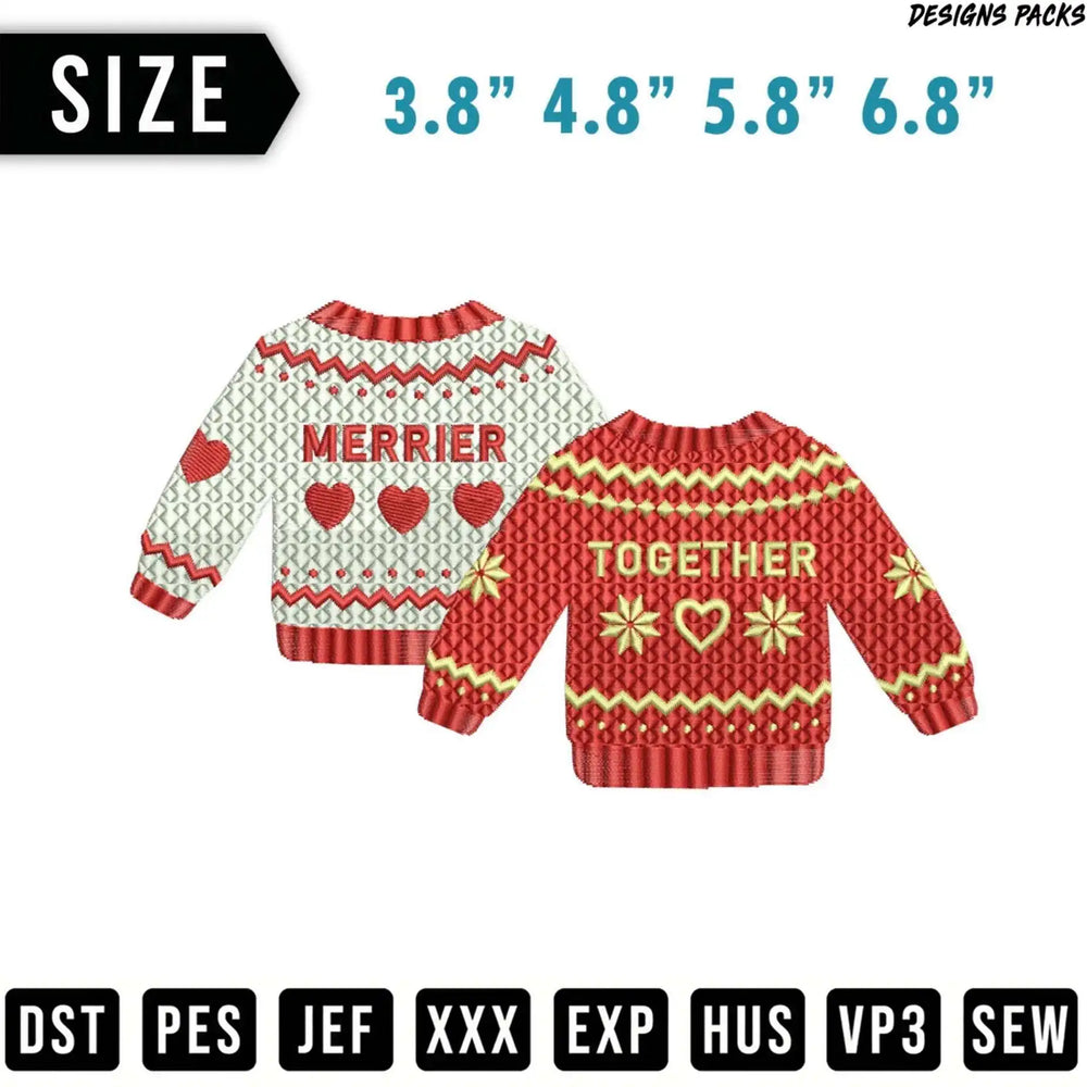 Christmas sweater designs "MERRIER" and "TOGETHER" with size and file format details.