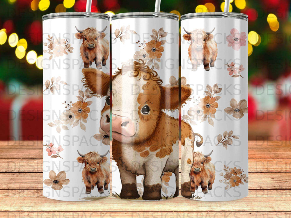 Brown and white calf illustration with flowers on a tumbler.