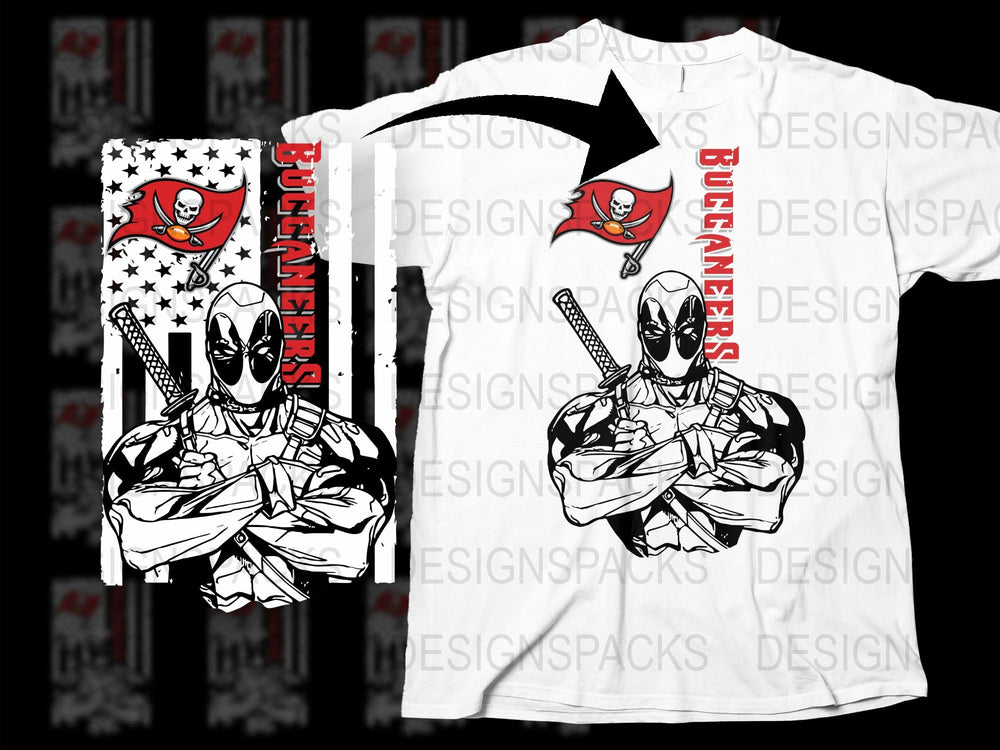 Tampa Bay Buccaneers Deadpool Crossover T-Shirt, Unique Graphic Tee, Fan Art Apparel, Football and Superhero Design Shirt