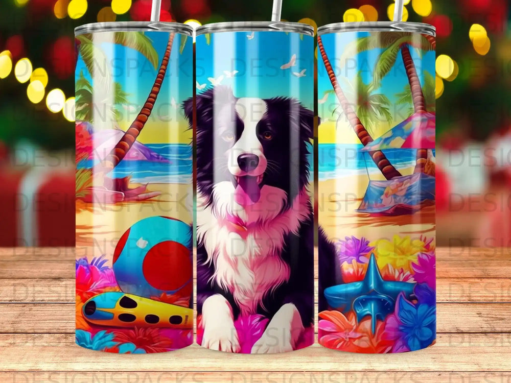 Border Collie on beach with beach toys and palm trees, colorful tumbler wrap.