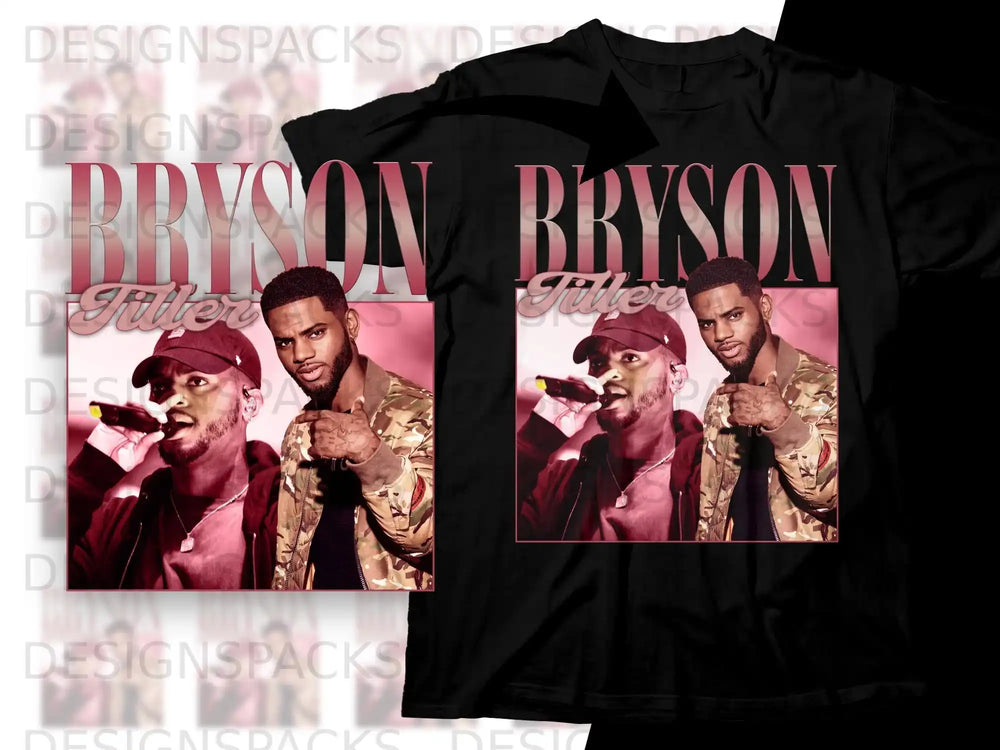 Two t-shirts feature a graphic of Bryson Tiller singing into a microphone.