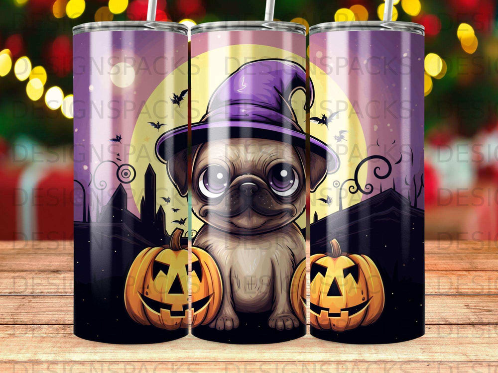 Pug wearing a witch hat between two carved pumpkins with a spooky moonlit background.