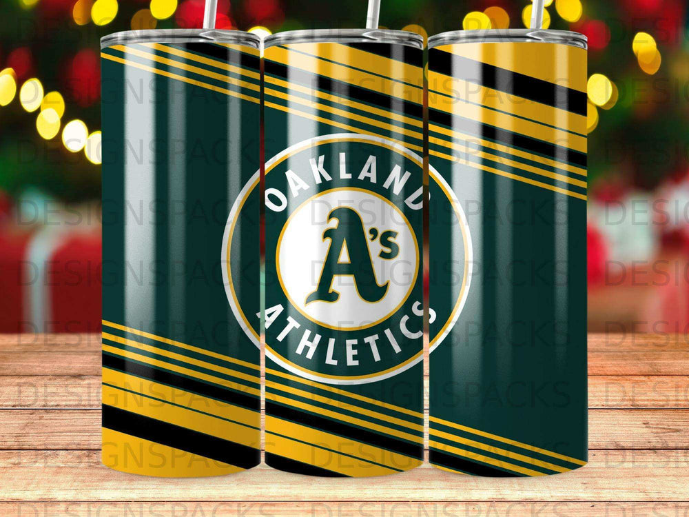 Oakland Athletics logo on a green and yellow striped tumbler.