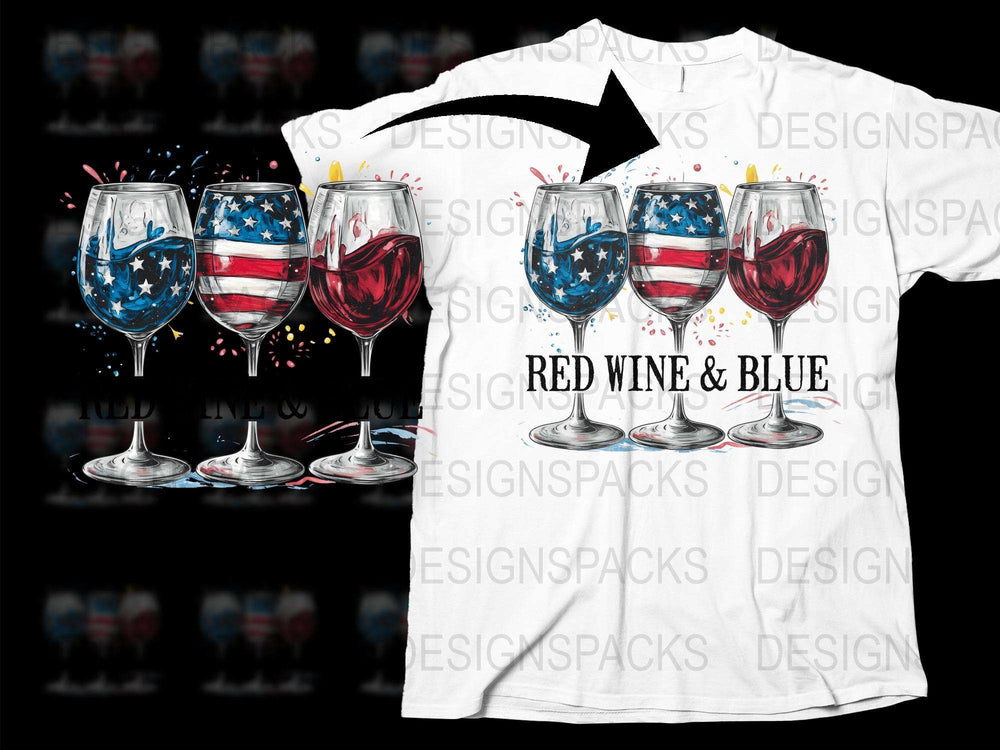 Patriotic Wine Glasses T-Shirt, American Flag Design, Red Wine and Blue Shirt, Fourth of July Apparel