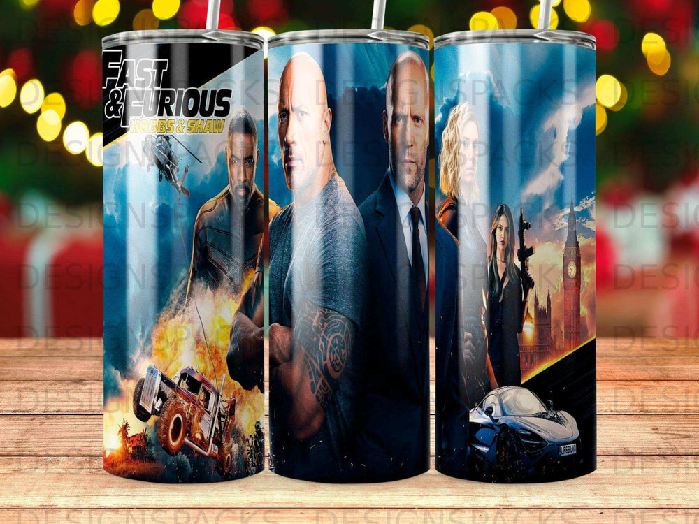 Fast & Furious Hobbs & Shaw characters with a car and cityscape background.