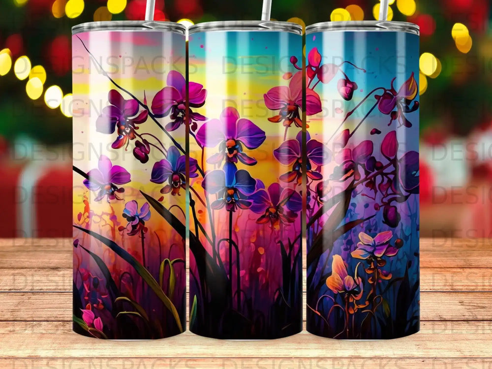 Three tumblers with vibrant purple and pink orchids and colorful foliage.