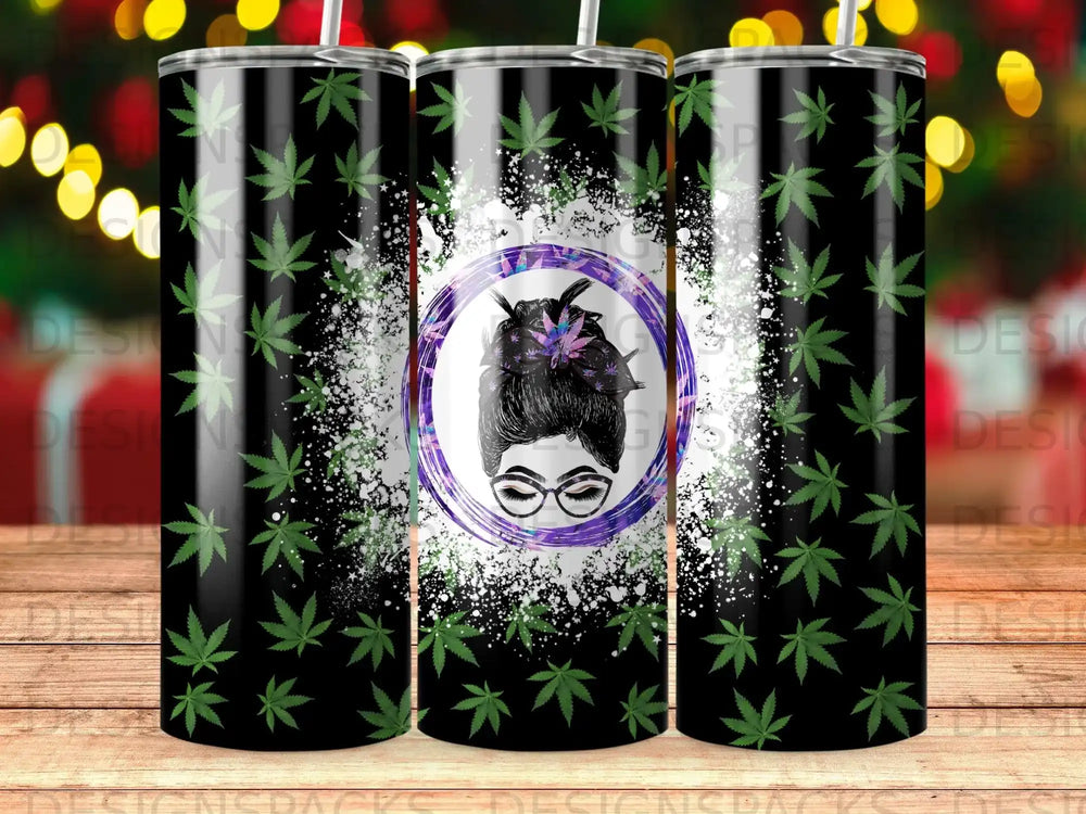 Black tumbler with repeating green marijuana leaves and a woman's face.