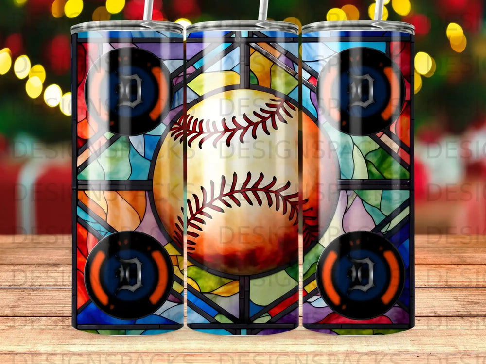 Tumbler with stained glass baseball design and speaker motifs.