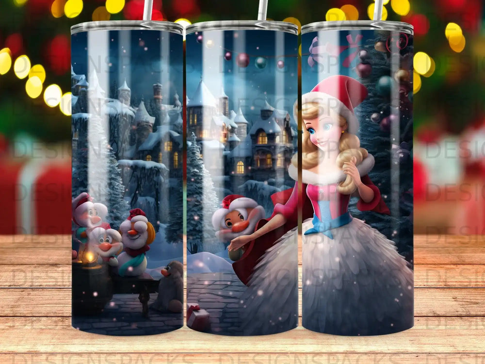 Snowman and cartoon girl in Santa dress near snowy castle and Christmas tree.