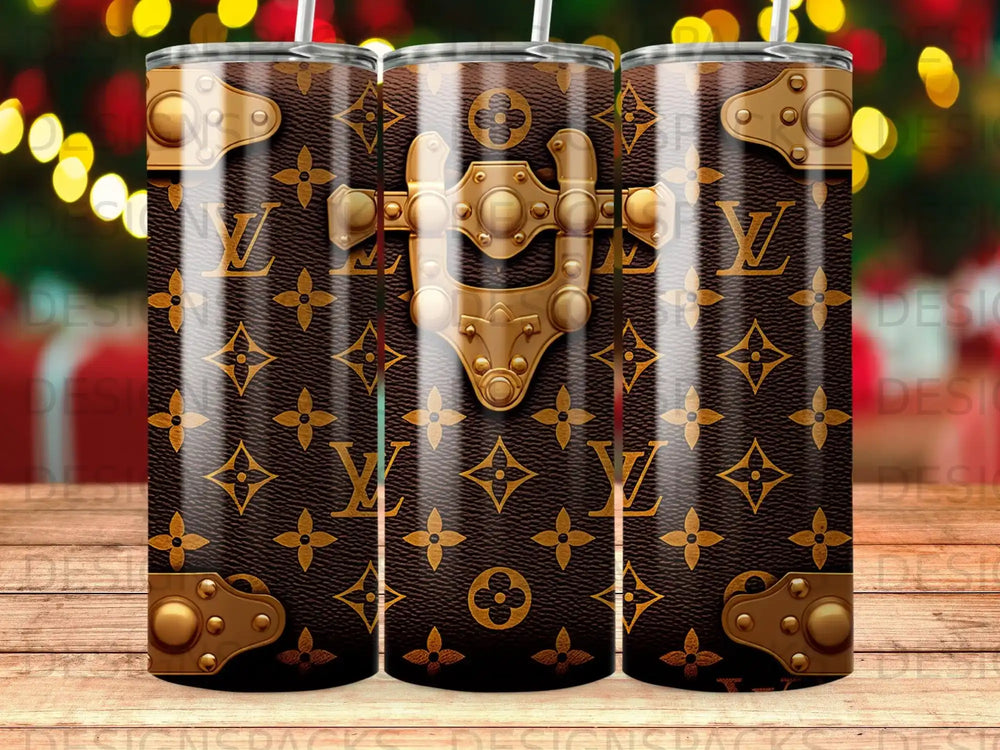 Tumbler featuring Louis Vuitton monogram pattern with gold hardware accents.