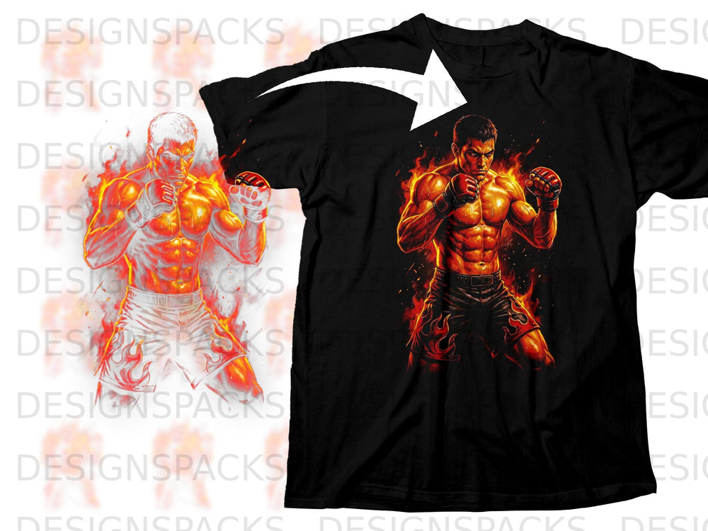 Black t-shirt featuring a muscular fighter engulfed in flames.
